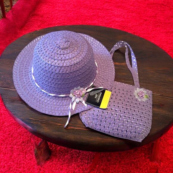 Girls Sun Hat And Purse Purple Woven Straw With Spring Flower Details Dress Up - Picture 6 of 7